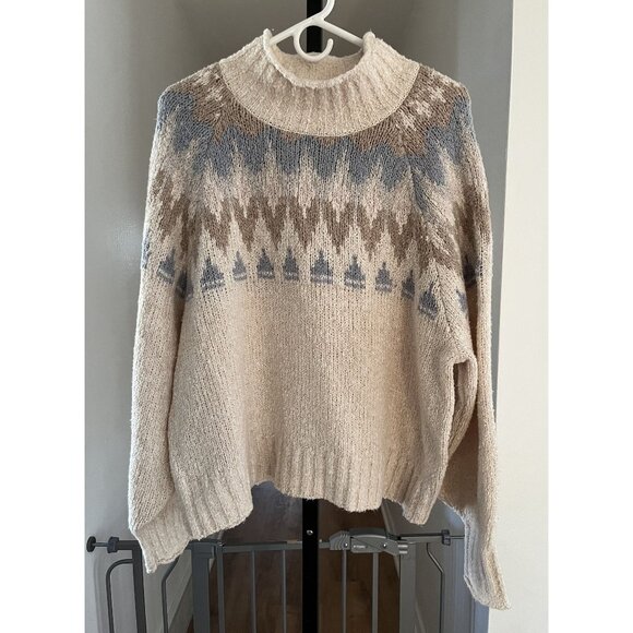 EUC American Eagle Womens XL Fair Isle Sweater Beige/Blue Acrylic/Cotton Blend W - Picture 1 of 6